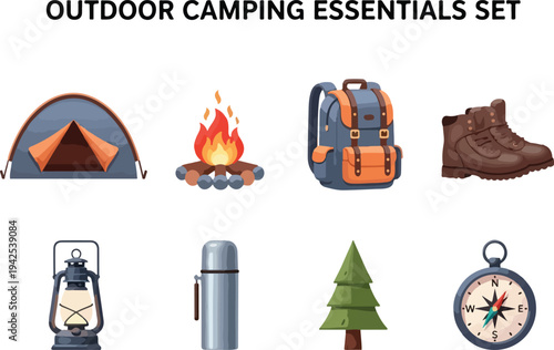 Collection of essential items for an outdoor camping adventure, including tent, campfire, backpack, boots, lantern, thermos, tree, and compass