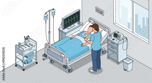 Nurse Checking Patient in Hospital Bed.