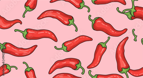 Red Chili Peppers Pattern on Pink.