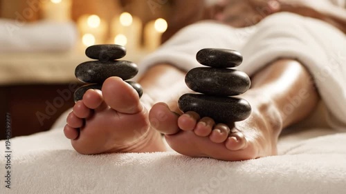 Close-up of hot stone therapy on feet with candles, wellness and relaxation video