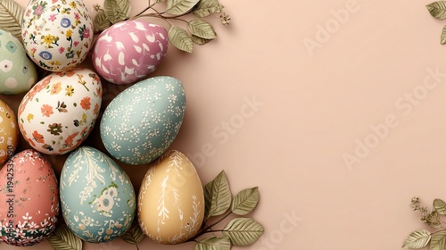 Colorful Easter eggs on soft pink beige background, spring holiday template with copy space