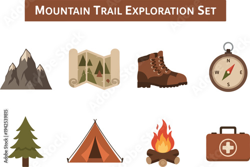 Mountain Trail Exploration Set Icons for Hiking, Camping, and Outdoor Adventure