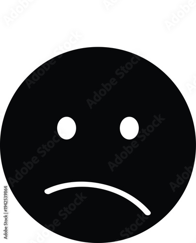 A black emoticon face with a frowning expression on a white background