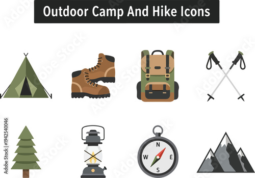 Collection of outdoor camping and hiking icons for recreational activities