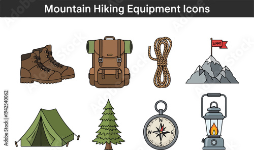 Collection of vector icons representing equipment for mountain hiking and camping adventures