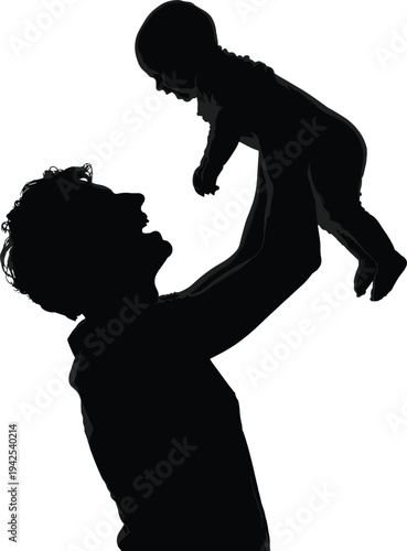 Father lifting baby silhouette vector illustration showing loving parent child bonding moment, family care concept, parenting happiness, fatherhood love, black isolated design