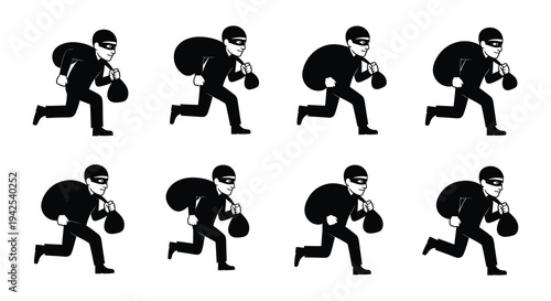 Multiple cartoon silhouettes of thieves running with large sacks of loot