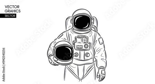Astronaut holding helmet, space exploration, vector graphic, hand-drawn style