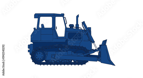 Blue bulldozer blueprint, heavy construction equipment, isolated on white background