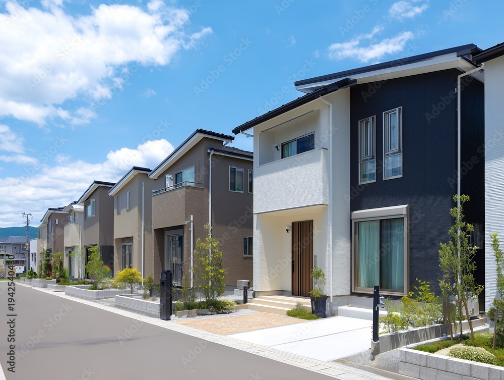 Fototapeta premium 青空の下に新築の一戸建てが整然と並ぶ清潔感のあるモダンな日本の住宅街の外観風景