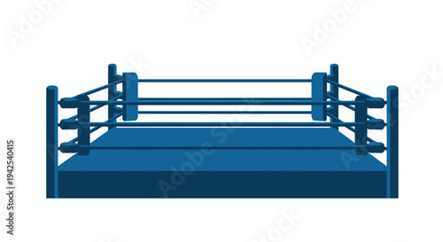 Empty blue boxing ring with ropes and corner posts, isolated on white background.