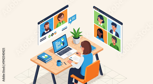 Woman Working on Laptop with Video Calls.