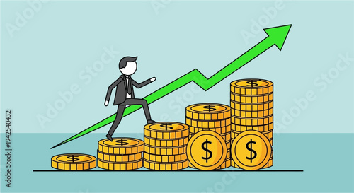 Businessman climbing stack of gold coins upward trend.