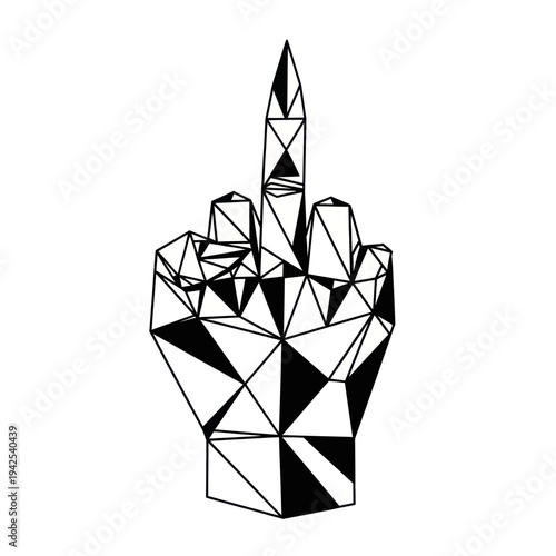 Geometric hand gesture, middle finger up, low poly abstract art, black and white