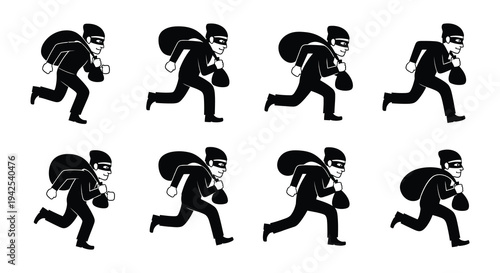 Multiple cartoon silhouettes of thieves running with large sacks of loot