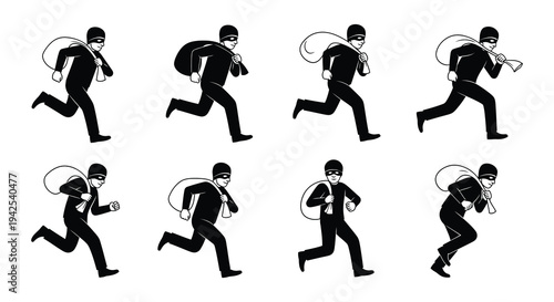 Multiple cartoon silhouettes of thieves running with large sacks of loot