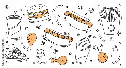 Fast Food Illustration with Various Items.