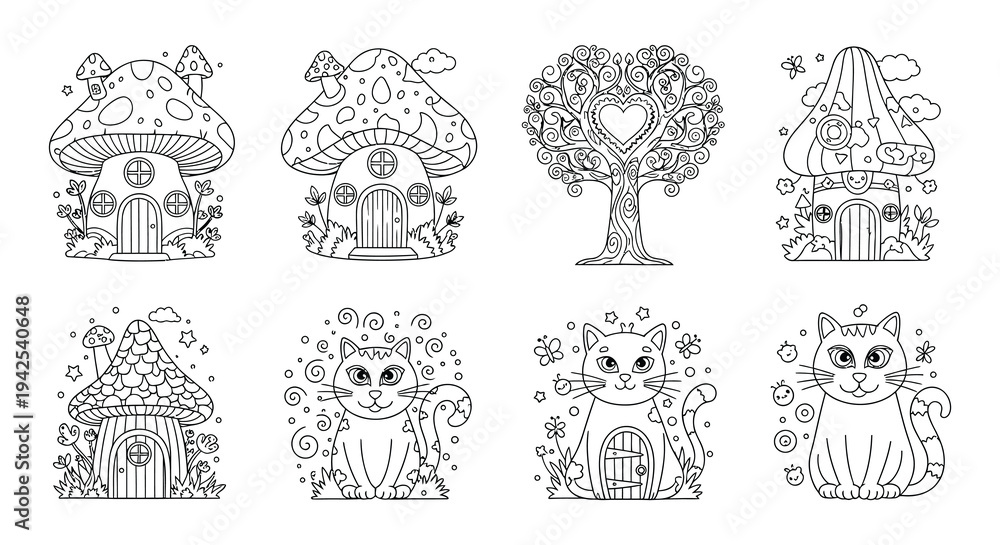 Fototapeta premium Whimsical fairytale illustrations featuring mushrooms houses trees and adorable cats