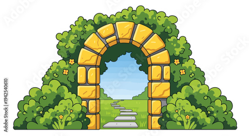 Pixel Art Stone Archway Entrance to Lush Green Garden with Path