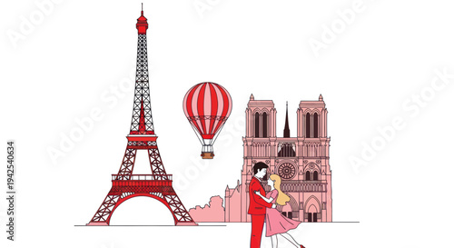 Romantic Parisian Couple Dancing Eiffel Tower Notre Dame Hot Air Balloon Illustration