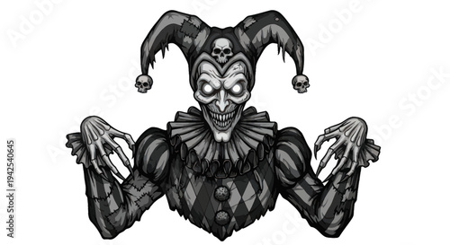 Scary Jester Illustration with Glowing Eyes and Skull Motifs