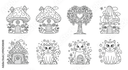 Whimsical fairytale illustrations featuring mushrooms houses trees and adorable cats