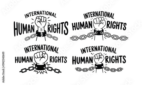 International human rights concept with raised fist breaking chains symbol illustration