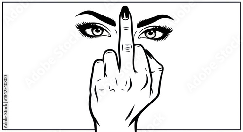 Woman's eye and hand showing middle finger, offensive gesture, black and white drawing