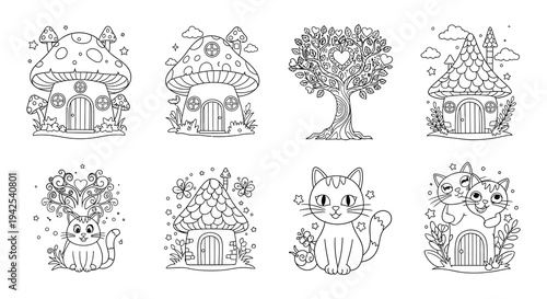 Whimsical fairytale illustrations featuring mushrooms houses trees and adorable cats