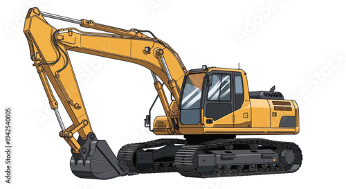 Yellow Excavator Machine - Heavy Construction Vehicle Isolated on White Background