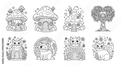 Whimsical fairytale illustrations featuring mushrooms houses trees and adorable cats