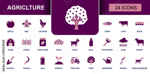 Agriculture icon set. Containing farm, tractor, field, crops, wheat, corn, apple, livestock, cow, sheep, goat, tools, fertilizer, rain and more. Solid fill vector icons collection.