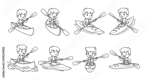 Cartoon illustration of boys kayaking and canoeing in various vessels