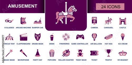 Amusement icon set. Containing arcade, carousel, circus tent, fireworks, roller coaster, ticket, party hat, popcorn, VR headset, 3D glasses and more. Solid fill vector icons collection.