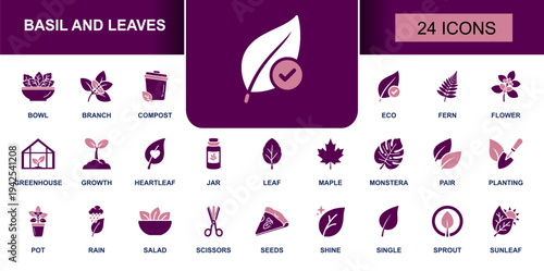 Basil and leaves icon set. Containing herb, basil leaf, eco, plant, branch, flower, fern, monstera, greenhouse, compost, seeds, sprout, rain and more. Solid fill vector icons collection.