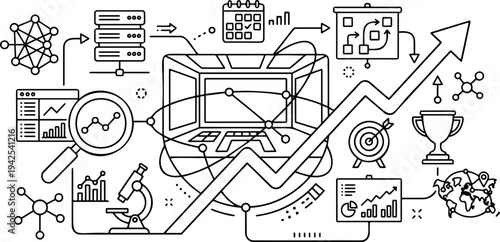 Minimalist line art vector of business data analysis, research, strategy planning, and global growth