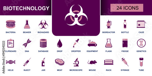 Biotechnology icon set. Containing bacteria, DNA, genetics, microscope, syringe, biohazard, beaker, flask, bioreactor, test tube, lab equipment and more. Solid fill vector icons collection.