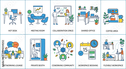 Coworking office workspace illustrations set, hot desk meeting room collaboration space and flexible workplace scenes, modern business vector collection