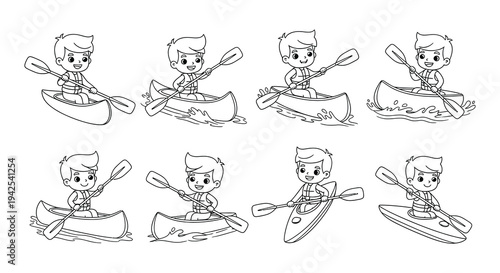 Cartoon illustration of boys kayaking and canoeing in various vessels