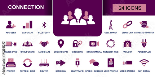 Connection icon set. Containing add user, group, handshake, chain link, wifi signal, bluetooth, router, cell tower, device sync, data transfer, lock link and more. Solid fill vector icons collection.
