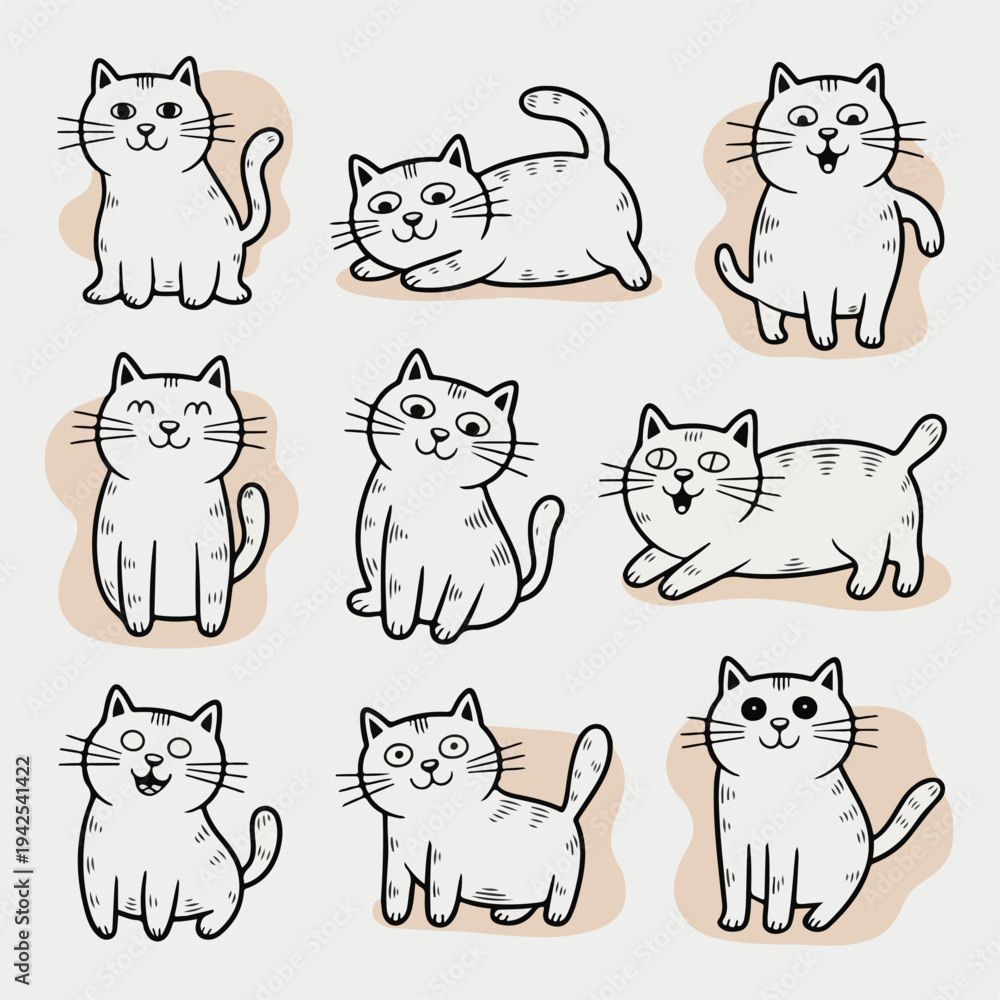 Fototapeta premium Cute Hand Drawn Doodle Cats Set – Minimal Ink Cartoon Cat Illustrations