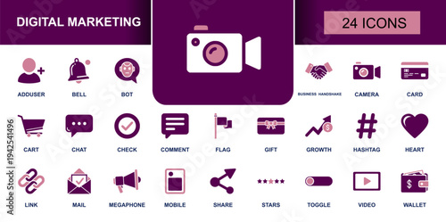 Digital marketing icon set. Containing social media, ads, growth, hashtag, share, video, camera, chatbot, email, megaphone, customers, wallet and more. Solid fill vector icons collection.