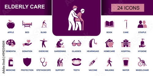 Elderly care icon set. Containing homecare, wheelchair, cane, support, hospital, medicine, hygiene, dementia, hearing aid, glasses, walking and more. Solid fill vector icons collection.