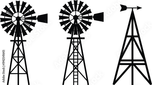 Windmill silhouettes collection, traditional farm wind pump towers with vane and blades, rural agriculture water pumping icons vector illustration