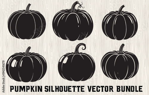 Pumpkins vine silhouette set with curling tendrils and maple leaves, autumn harvest border elements in black, decorative Halloween squash clipart on white