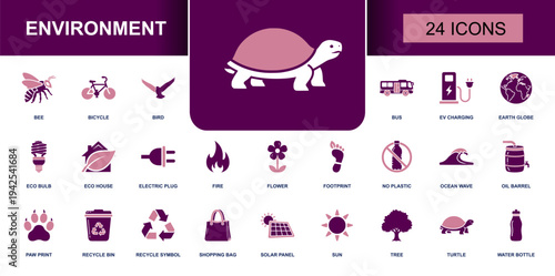 Environment icon set. Containing eco, recycle, no plastic, solar panel, ocean wave, water bottle, tree, flower, wildlife, footprint, EV charging and more. Solid fill vector icons collection.