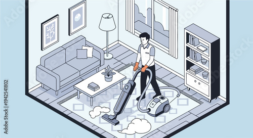 Woman Vacuuming Living Room Floor Illustration.