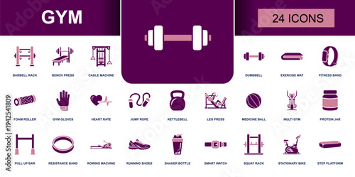 Gym icon set. Containing dumbbell, barbell rack, bench press, cable machine, kettlebell, jump rope, foam roller, workout mat, heart rate, bike, shoes and more. Solid fill vector icons collection.