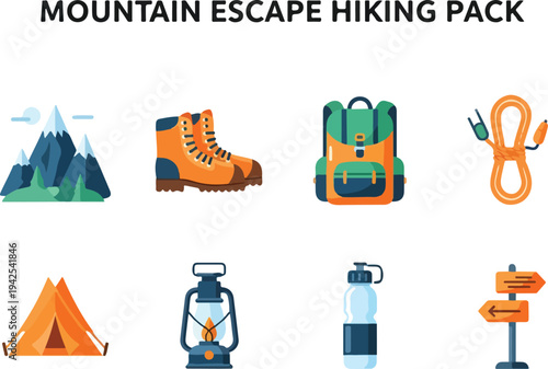 Collection of Hiking and Outdoor Adventure Gear and Symbols for Mountain Escape