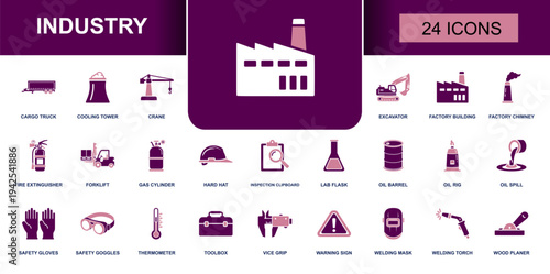 Industry icon set. Containing factory, crane, excavator, forklift, truck, hard hat, safety gear, welding torch, oil rig, toolbox, warning sign and more. Solid fill vector icons collection.